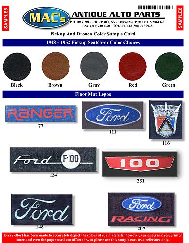 Ford Pickup Truck Seat Cover Sample Card