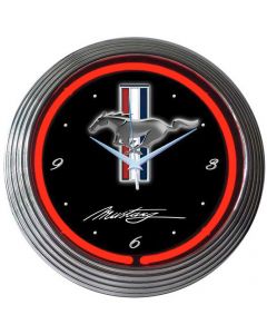 Mustang Clock, Red Neon, Mustang Script With Logo