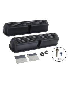 Tall Finned Aluminum Valve Covers, SB V8, Black, 1932-1985