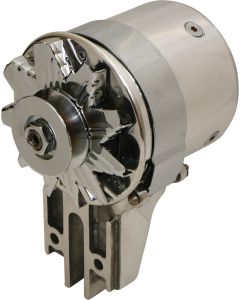 PowerGen - 12 Volt Negative Ground - 5/8 Pulley - Polished Aluminum Body & End Plate - Chrome Fan & Pulley - 1-1/2 Shorter To Clear Dual Carb Setups -