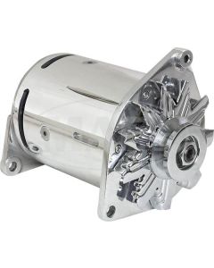 PowerGen - 6 Volt - Offset Left Hinge Mount - Polished Aluminum Body & End Plate - Chrome Fan & 3/8 Pulley - Ford & Mercury 6 Cylinder & V8