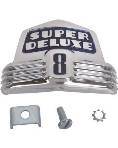 Front Hood Emblem - Super Deluxe On A Blue Background - DieCast - Chrome - Ford 8 Cylinder Passenger