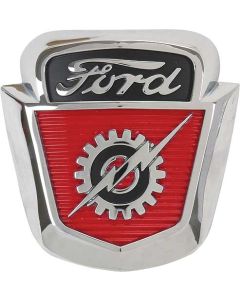 1953-56 Ford Pickup Front Hood Emblem, Chrome With Black And Red
