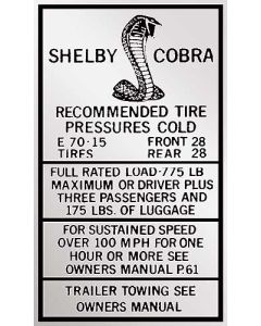1967-1968 Mustang Shelby High Speed E70-15 Glove Box Tire Pressure Decal