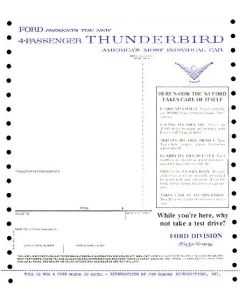 1961 Ford Thunderbird Window Price Sticker, New Car