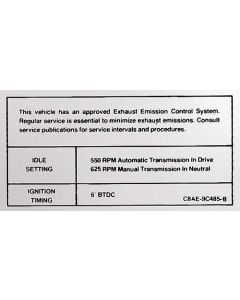 Emission Decal - 302  2 & 4 Barrel - Manual Or Automatic Transmission - C8AE-9C485-B - Ford