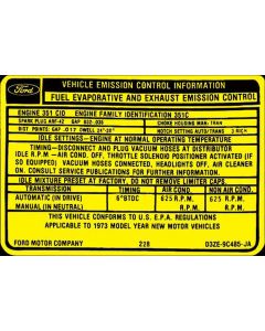 1973 Mustang Emissions Decal, 351C 2-Barrel V8 with Automatic Transmission