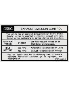 1970 Mustang Emissions Decal, 200/250 6-Cylinder with Automatic or Manual Transmission