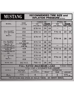 Early 1970 Mustang Tire Pressure Decal