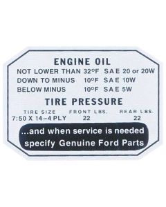 Ford Thunderbird Glove Box Decal, Engine Oil / Tire Pressure, 1957
