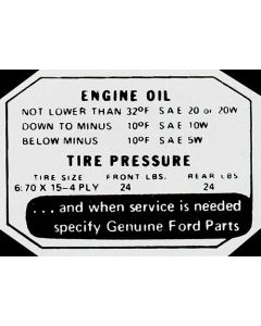 Ford Thunderbird Glove Box Decal, Tire Pressure, 1955-56