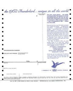 1962 Ford Thunderbird Window Price Sticker, New Car, Early 1962