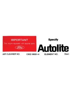 1969-1970 Mustang Autolite Replacement Parts Air Cleaner Decal, Non-Ram Air 428/Boss 302 V8