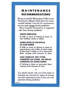 1955-57 Ford & Mercury Owner's Manual Maintenance Sheet