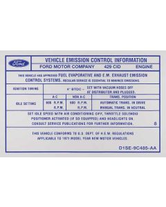 Emission Decal - 429 4-Barrel - Automatic Transmission - D1SE-9C485-AA