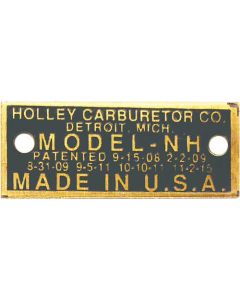 Model Carburetor Data Plate, Holley NH, Brass Finish, 1919-1922