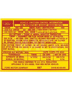 1974 Ford Thunderbird Emissions Decal, 460 V8