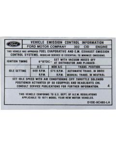 Emission Decal, 302-2V AT, Montego, 1971