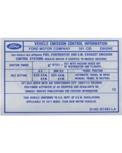 Emission Decal, 351-2V AT/MT, Montego, 1971