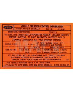 Emission Decal, 351-2V AT, (Before 1-72) Orange, Montego, 1972