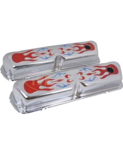 Ford Valve Covers, Small Block, Chrome, Red & Blue Flames, 1962-1979