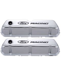 Stamped Steel Chrome Valve Covers, Pair, Ford Racing Logo, 289/302/351W