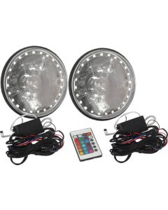 Ford 7 Inch Round White Diamond Rat Rod Headlights With Multi Color LED Halo